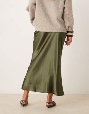 New Look satin midi bias skirt in khaki