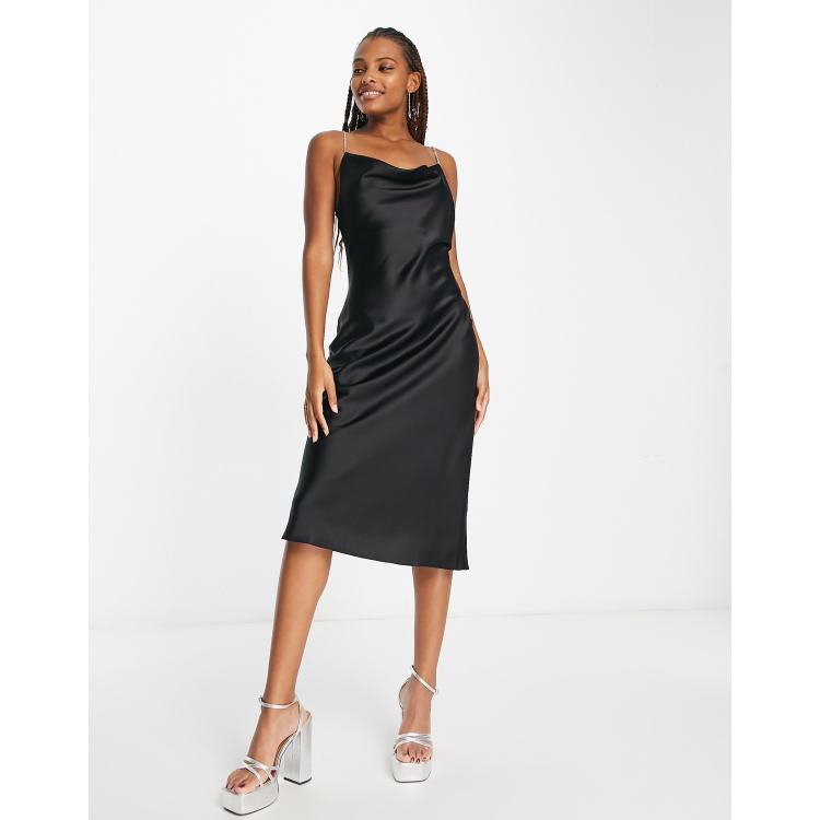 New Look satin midi dress with diamante straps in black