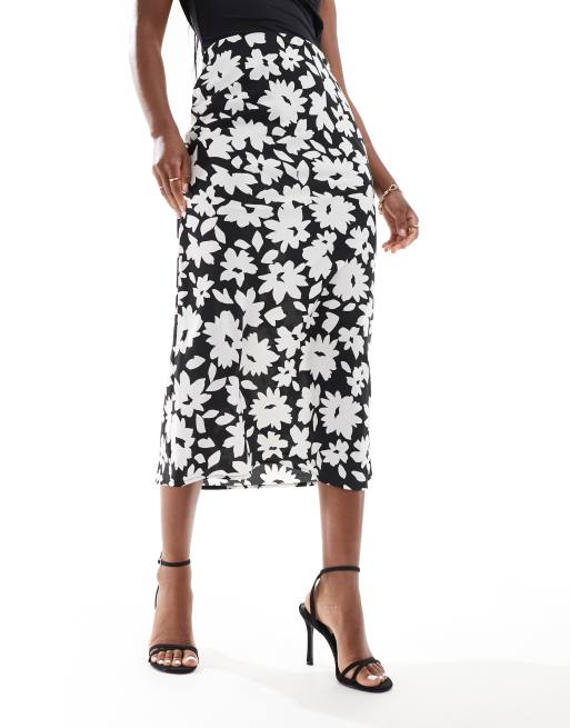 New Look satin midi skirt in black floral