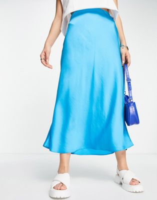 New Look satin midi skirt in bright blue