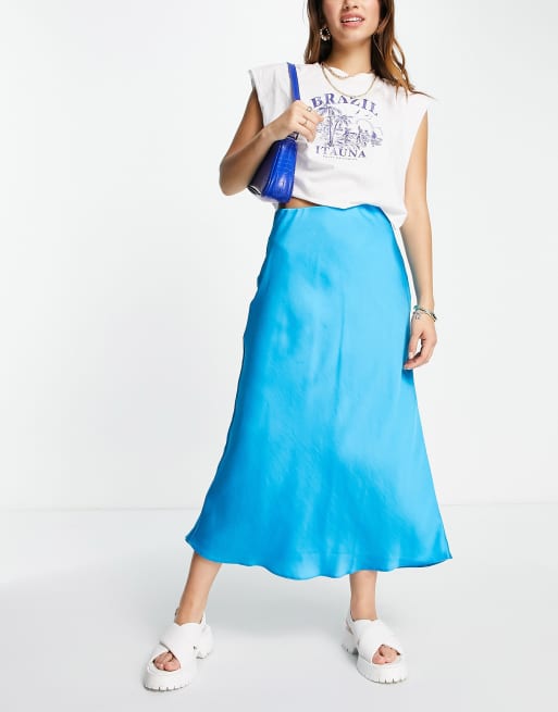 New Look satin midi skirt in bright blue