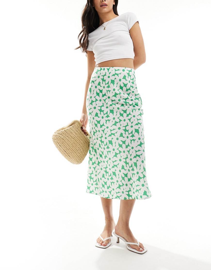 New Look satin midi skirt in green floral