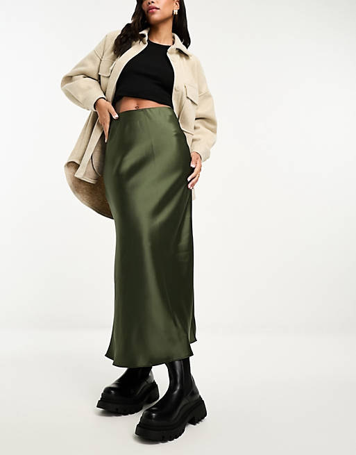 New Look satin midi skirt in khaki | ASOS