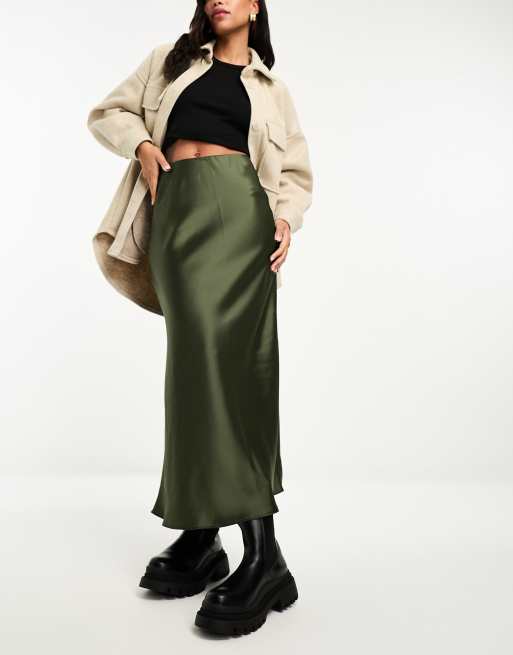 New Look satin midi skirt in khaki | ASOS