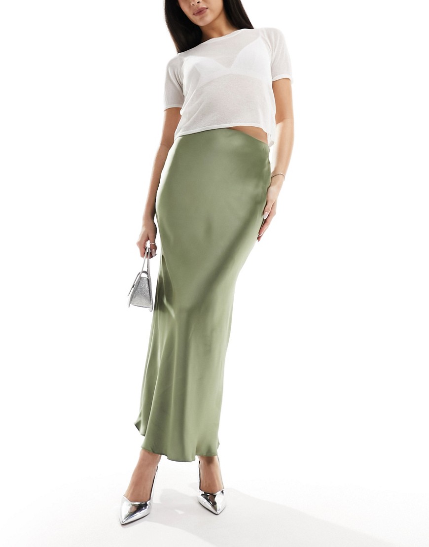 New Look satin midi skirt in khaki-Green