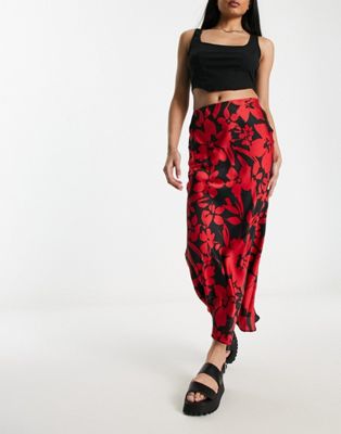 New Look floral midi skirt in red and black