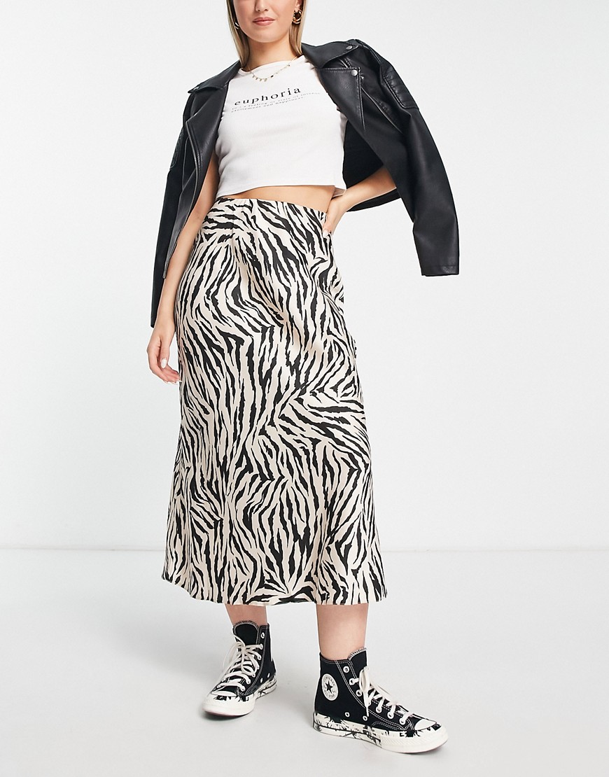 New Look Satin Midi Skirt In Zebra Print-black