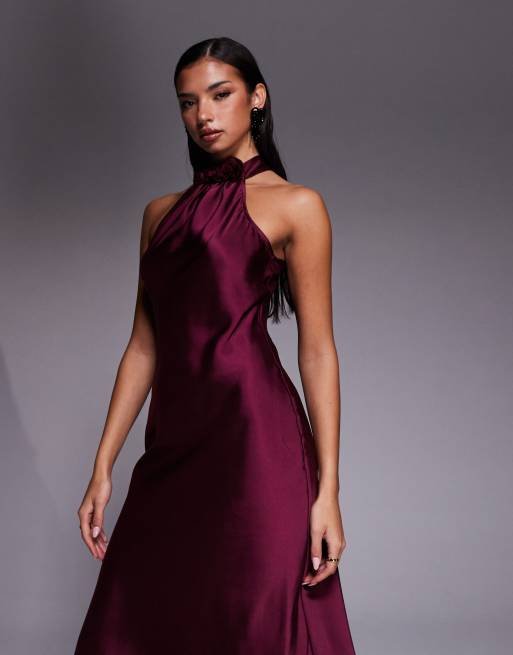 New Look – Satin-Midikleid in Burgunderrot mit Blütendetail und Neckholder, 3 von 4