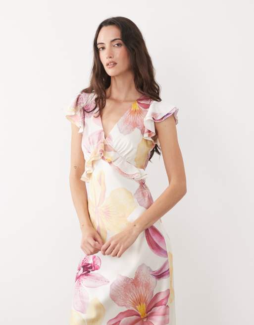 New Look – Satin-Midikleid in Cremeweiß mit Flatterärmeln und Blumenmuster, 2 von 4