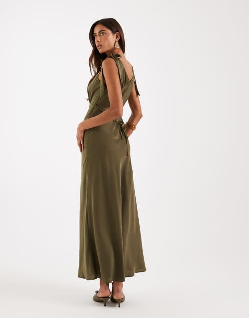 New Look – Satin-Midikleid in Khaki mit gebundenen Trägern, 3 von 4