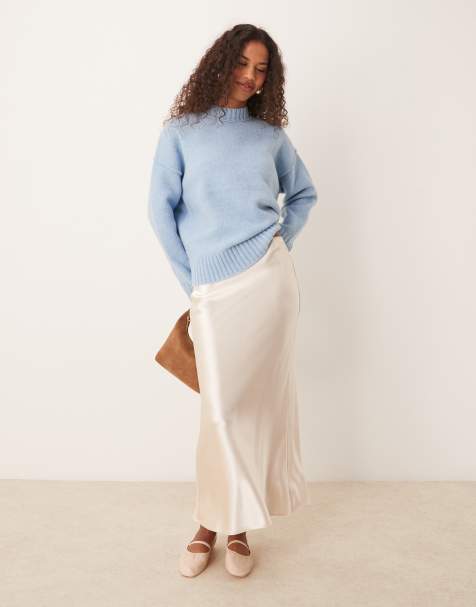 New Look – Satin-Midirock in Khaki mit Schrägschnitt - view 1