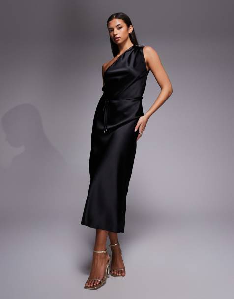New Look satin one shoulder tie midi dress in black - view 1