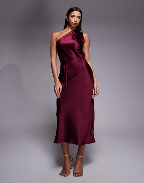 New Look satin one shoulder tie midi dress in burgundy