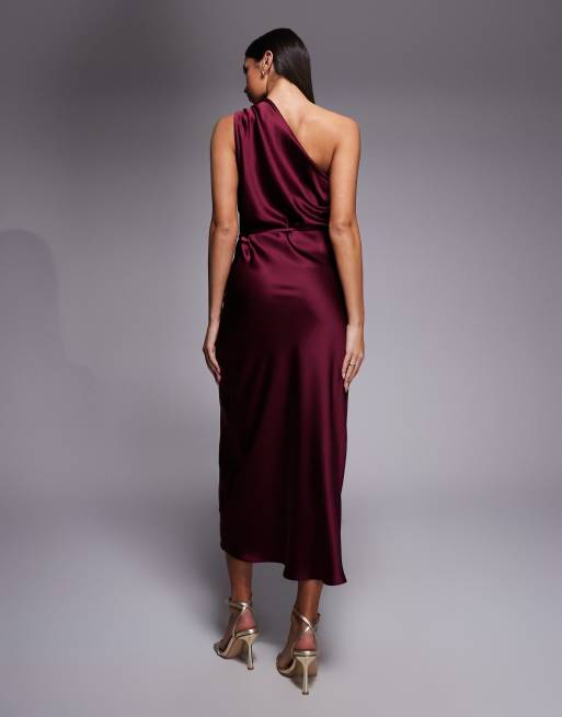 New Look satin one shoulder tie midi dress in burgundy, 3 of 4
