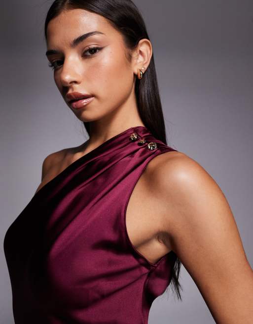 New Look satin one shoulder tie midi dress in burgundy, 4 of 4