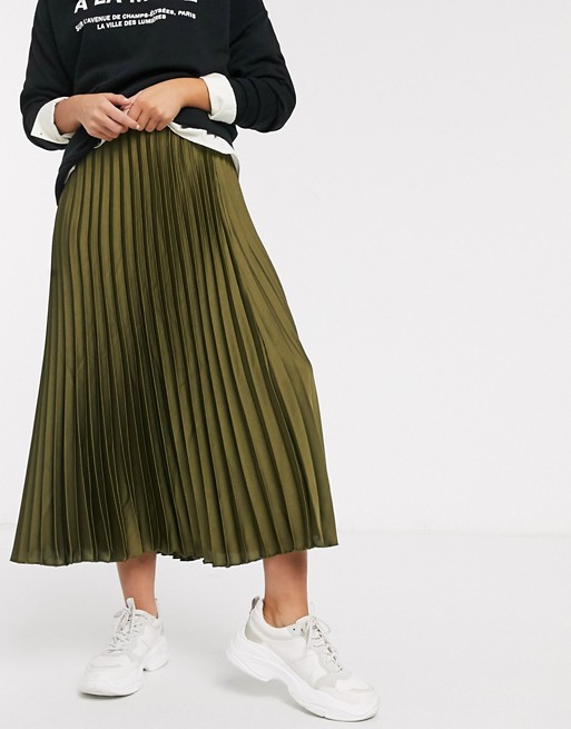 New Look satin pleated midi skirt in khaki