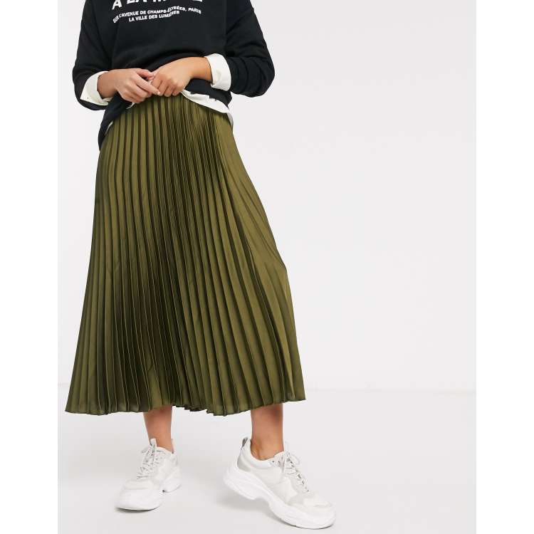 Green pleated satin hotsell midi skirt new look