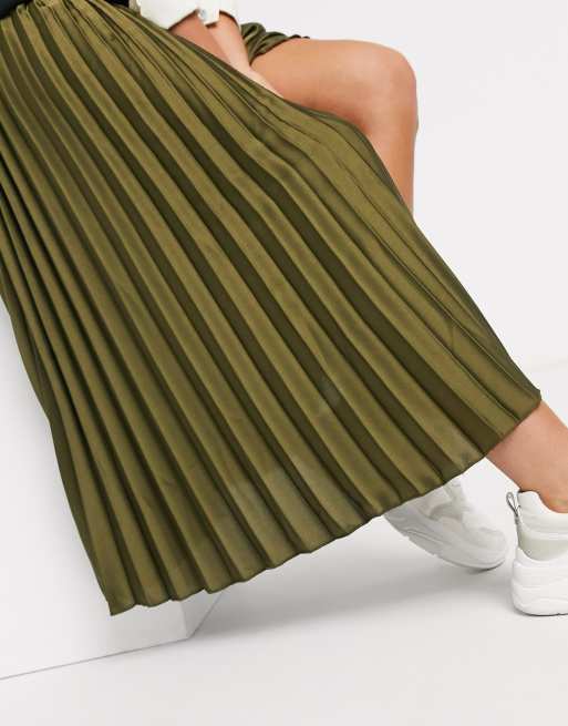 New Look satin pleated midi skirt in khaki