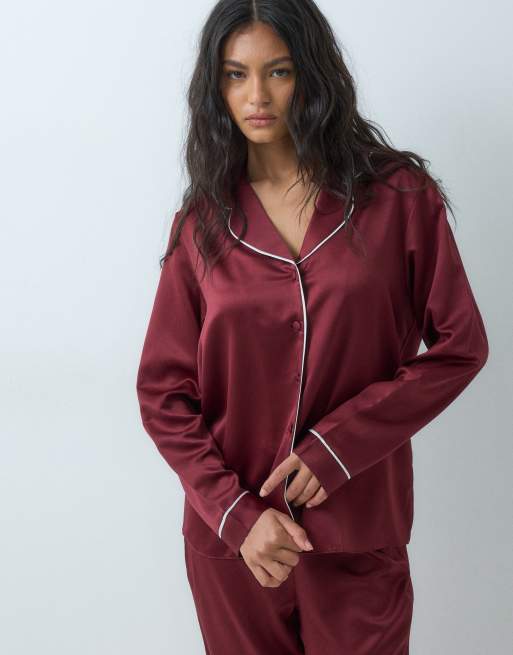 New Look satin revere pyjamas in burgundy, 3 of 5