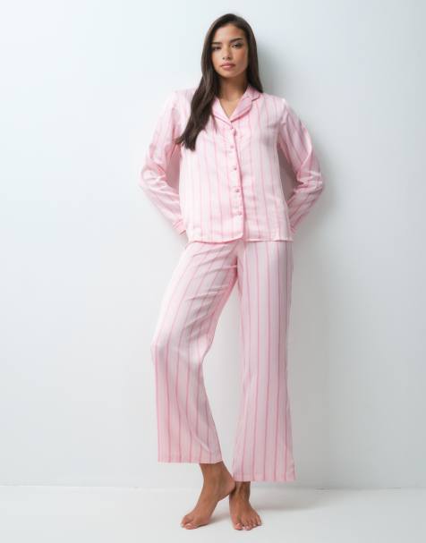 New Look satin revere pyjamas in pink stripe - view 1