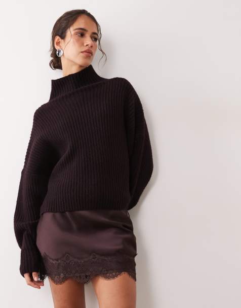 New Look satin scallop lace trim mini skirt in brown - view 1