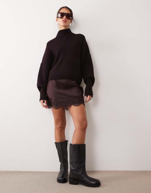 New Look satin scallop lace trim mini skirt in brown, 2 of 5