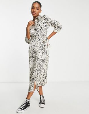 New Look satin shirt midi dress in leopard print