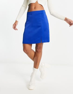 New Look Satin Split Mini Skirt In Bright Blue