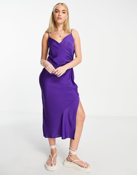 New Look satin strappy wrap front midi dress in purple - view 1