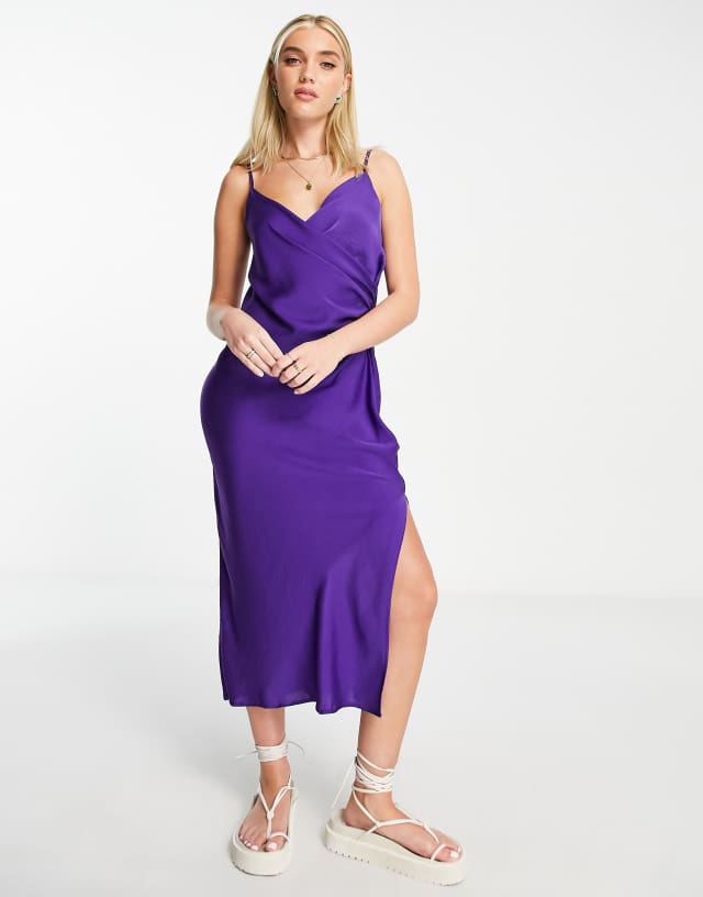 New Look satin strappy wrap front midi dress in purple