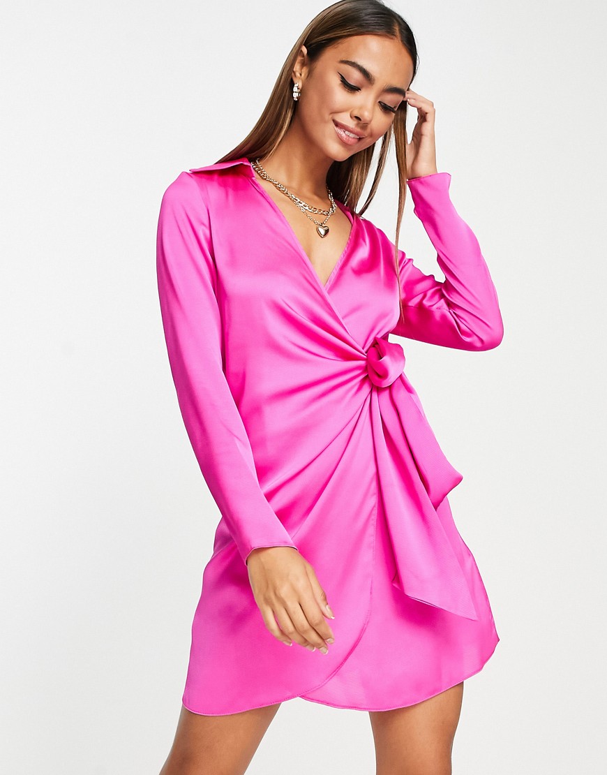 New Look satin tie side mini dress in hot pink