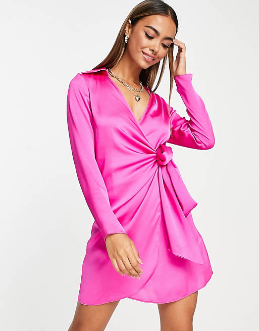 New Look satin tie side mini dress in hot pink | ASOS