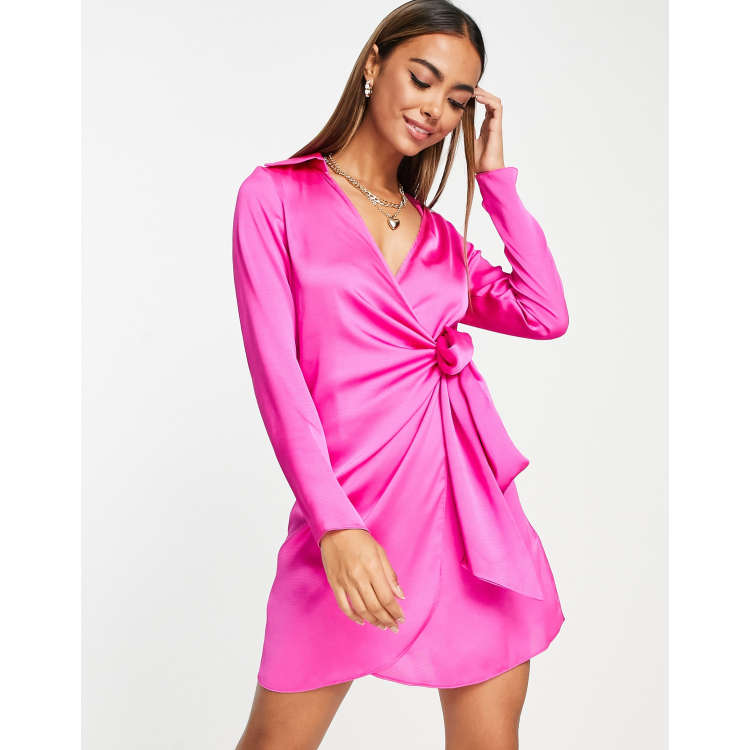 Satin Drawstring Tie Chest Mini Dress Pink