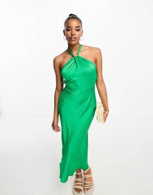 New Look satin twist halter neck midi dress in green