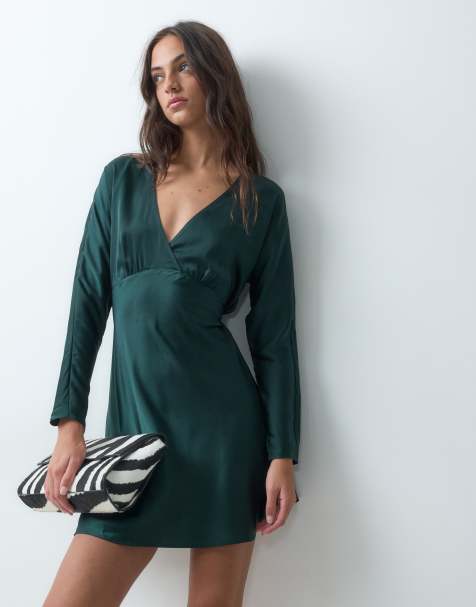 New Look satin v neck mini dress in dark green - view 1