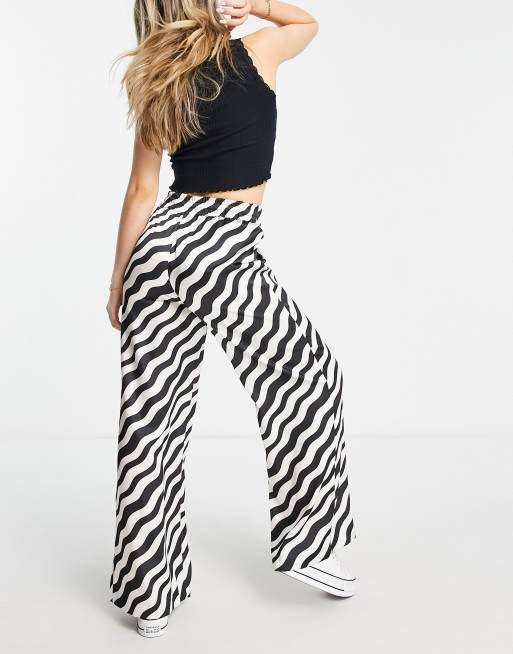 New Look satin wide leg pants in black and white stripe