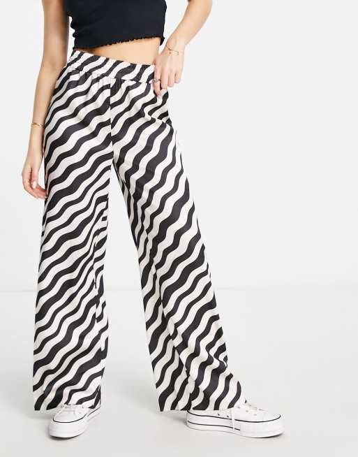 New Look satin wide leg pants in black and white stripe