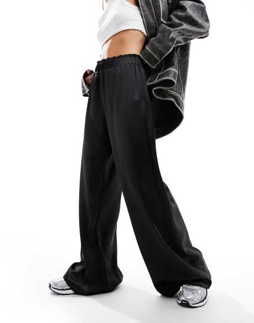 Only For Tonight Black Satin Wide-Leg Trouser Pants