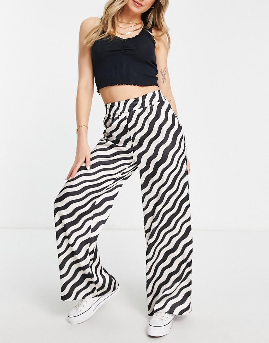 New Look satin wide leg trousers in black and whites stripe