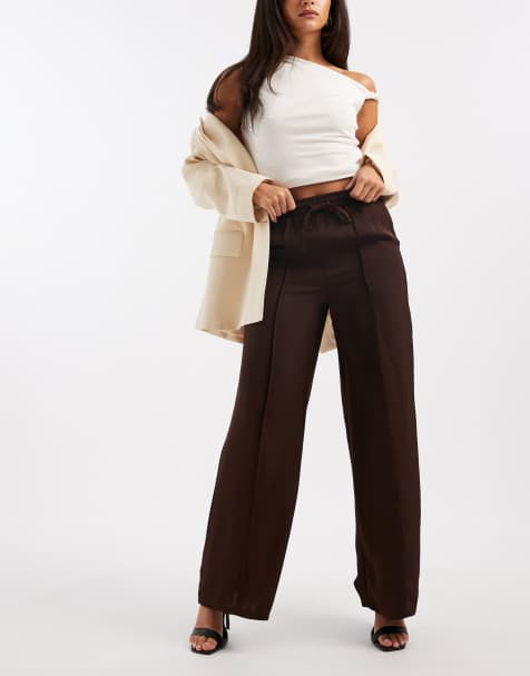 New Look satin wide leg trousers in brown - view 1