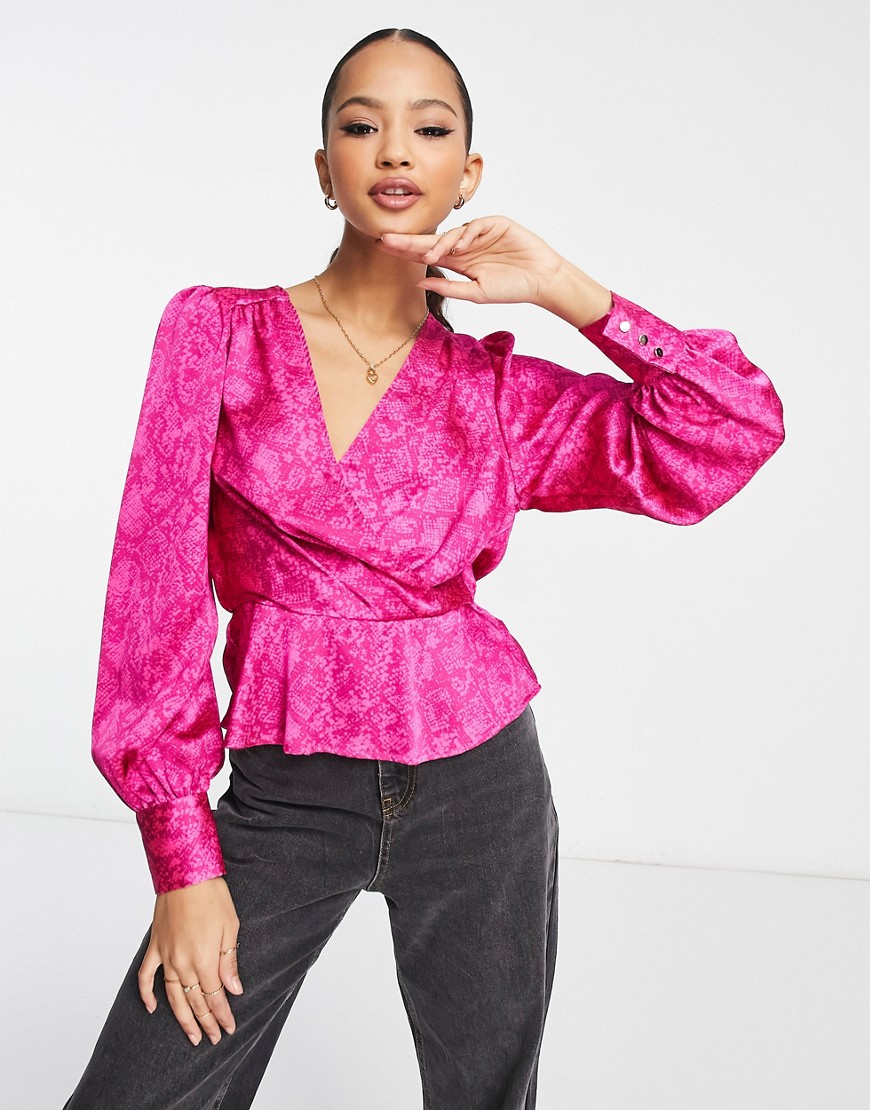 New Look Satin Wrap Blouse With Open Back In Bright Pink-green