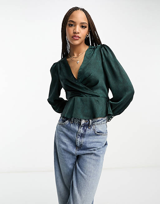 New Look satin wrap blouse with open back in green | ASOS