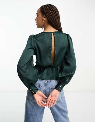 New Look Satin Wrap Blouse With Open Back In Green