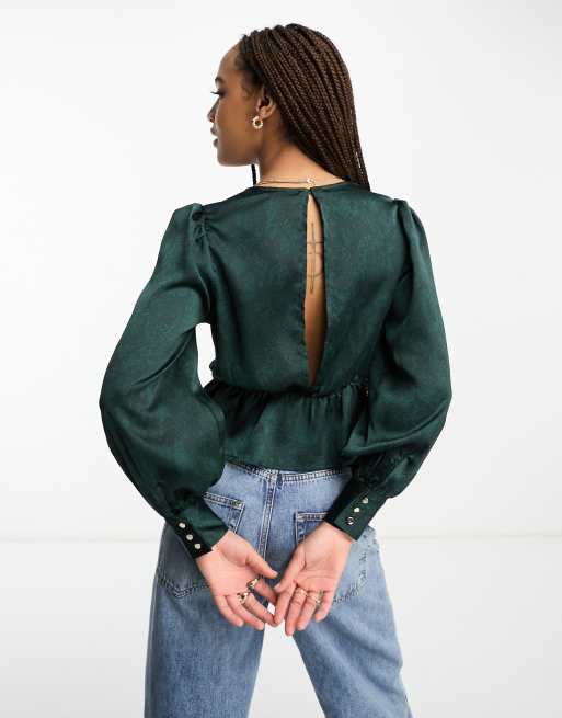 ASOS Long Sleeve Satin Blouse With High Neck And Open Back in