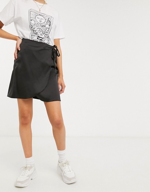 New Look satin wrap mini skirt in black