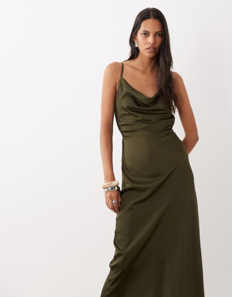 New Look satynowa sukienka midi z golfem w kolorze khaki - view 1