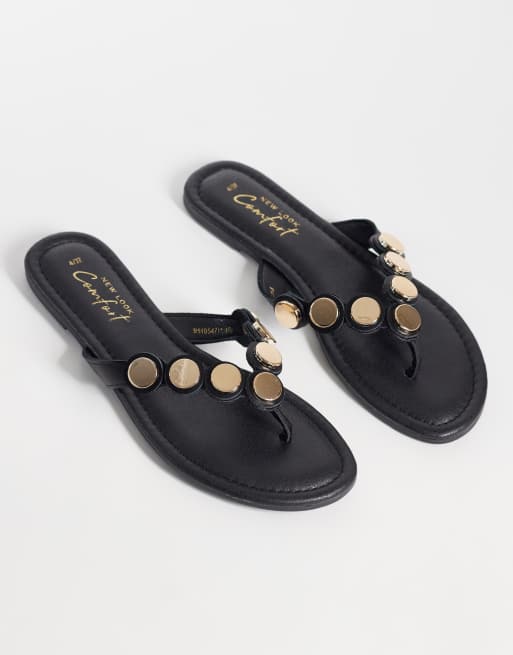 New Look scallop detail toe post sandals in black, 2 of 4