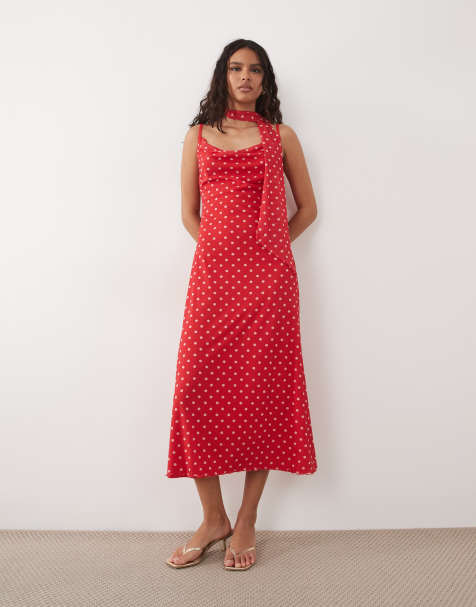 New Look scarf detail maxi dress in red polka dot - view 1