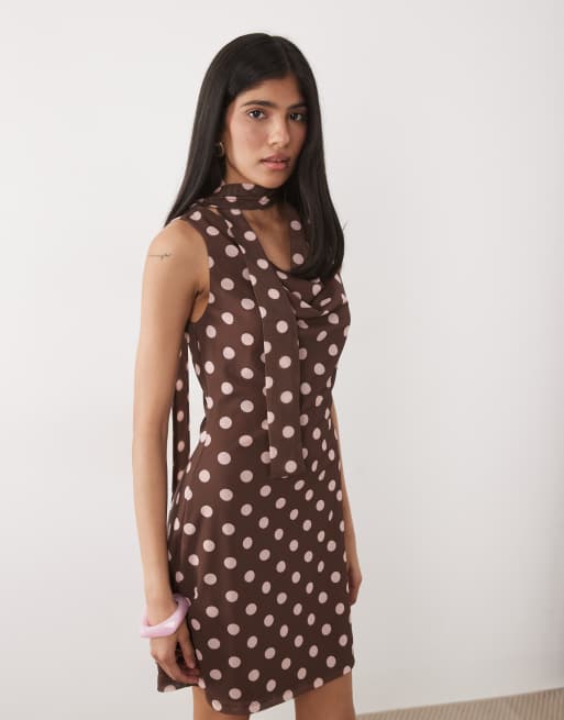 New Look scarf detail mesh mini dress in chocolate polka dot, 2 of 4