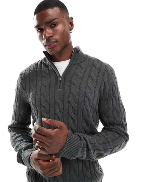New Look – Schmal geschnittener Strickpullover in Dunkelgrau mit Zopfmuster und kurzem Reißverschluss - view 1